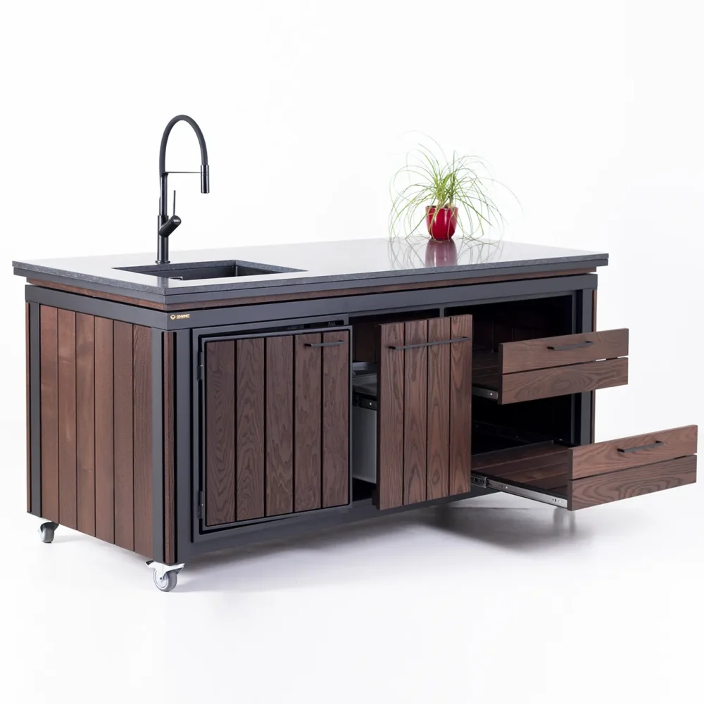 Outdoor kitchen on wheels JANE 1900 with granite table top and metal frame